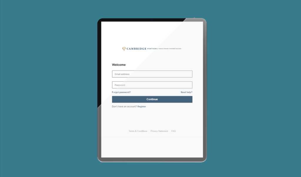 ipad with portal to login to cambridge partners