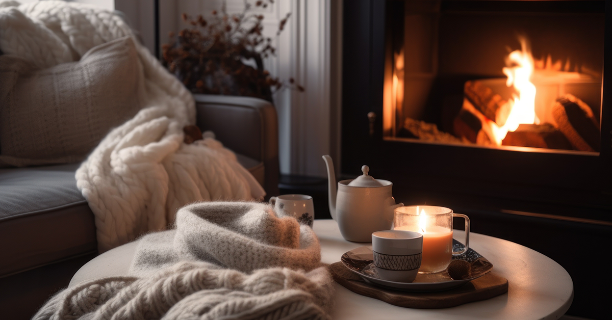 cosy fire and couch with teaset