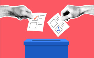 Hands casting marked ballots into a blue ballot box