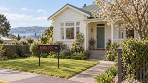 Charming suburban house with a $900,000 price sign